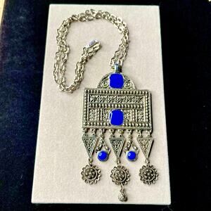 Boho Big Statement Silver Tone Blue Enamel Pendant Necklace